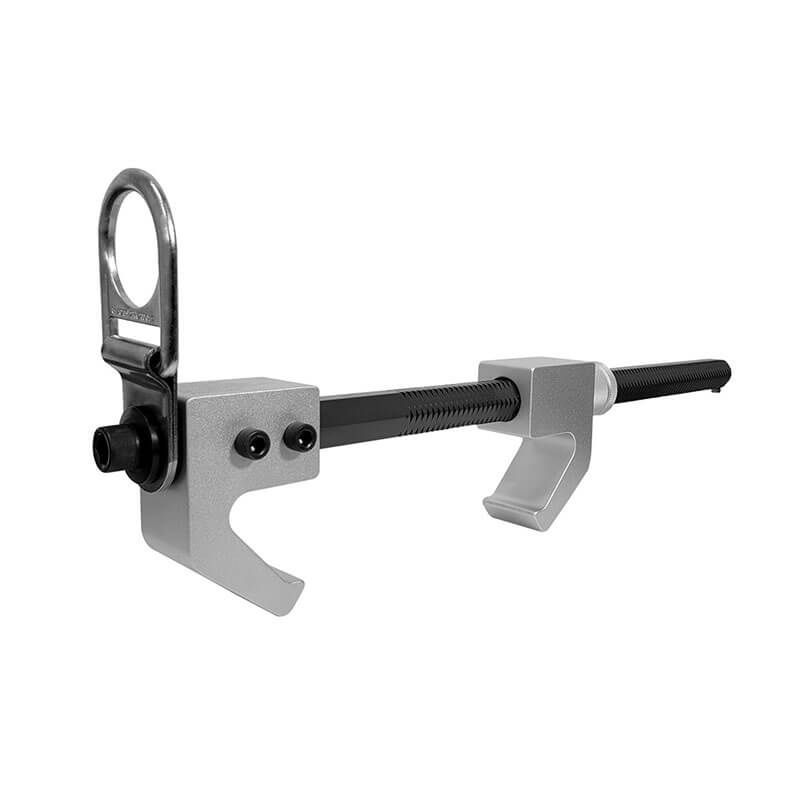 The Frontline Fall Protection Aluminum 18" Vertical Fixed Beam Anchor ST18AV features two adjustable jaws, a large round attachment ring, and a silver finish for secure attachment to beams or structural supports.