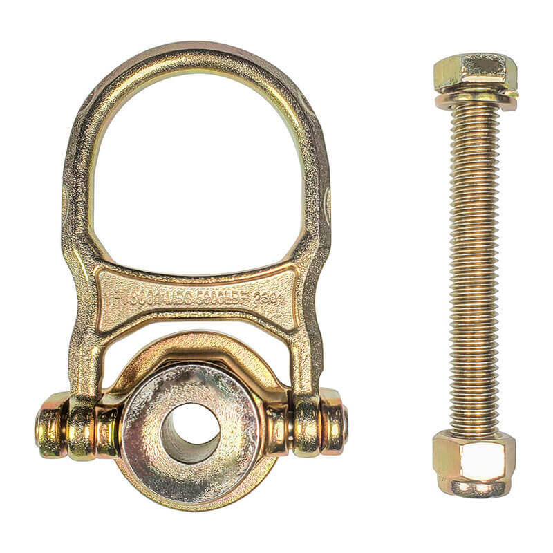 The Frontline ALPH 5K Steel Swivel Anchor with Bolt STB5K by Frontline Fall Protection features a 360° swiveling D-ring, shown with a large bolt and nut. It’s ideal for securing or lifting objects and can be used in temporary horizontal lifeline systems.