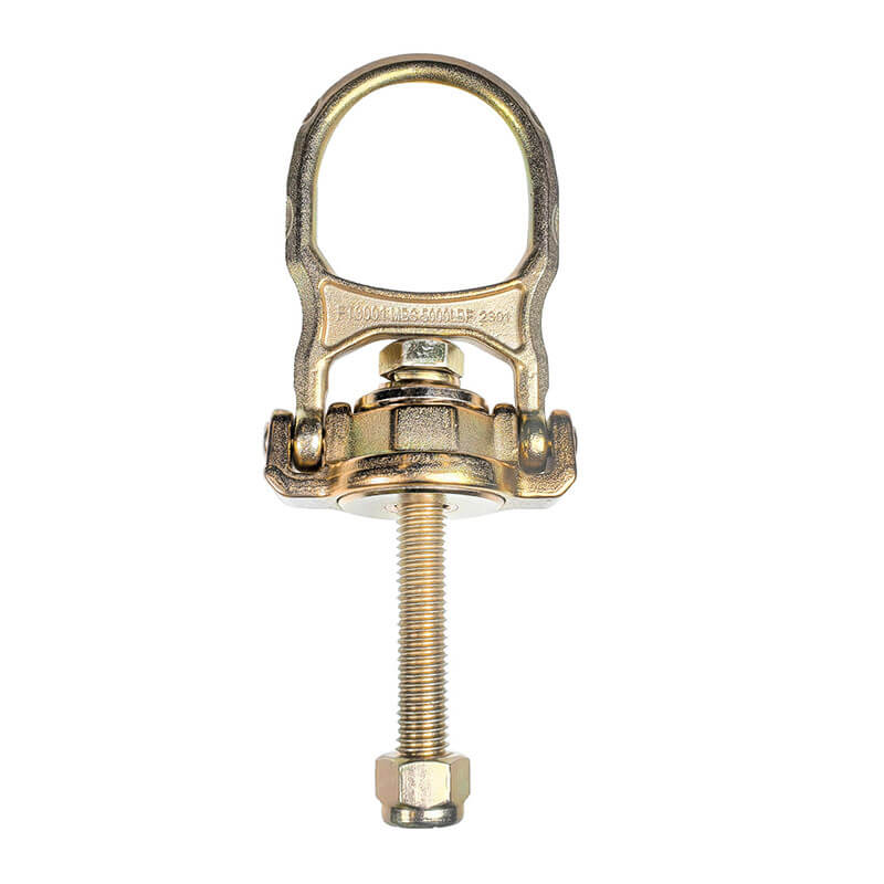 The Frontline Fall Protection ALPH 5K Steel Swivel Anchor with Bolt STB5K, gold-colored with a 360° swiveling d-ring and looped top, threaded bolt, and nut, is shown against a white background.