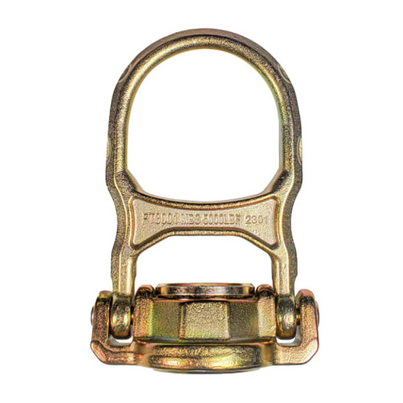 The Frontline Fall Protection ALPH 5K Steel Swivel Anchor with Bolt STB5K is a gold-colored steel tie-down featuring a hinged base with mounting bolts and a 360° swiveling upright D-ring for secure cargo anchoring.