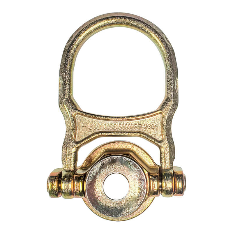 Close-up of the Frontline ALPH 5K Steel Swivel Anchor with Bolt STB5K by Frontline Fall Protection, featuring a gold-toned finish, large loop, and bolt-hole base for secure 360° swiveling in temporary horizontal lifeline applications.