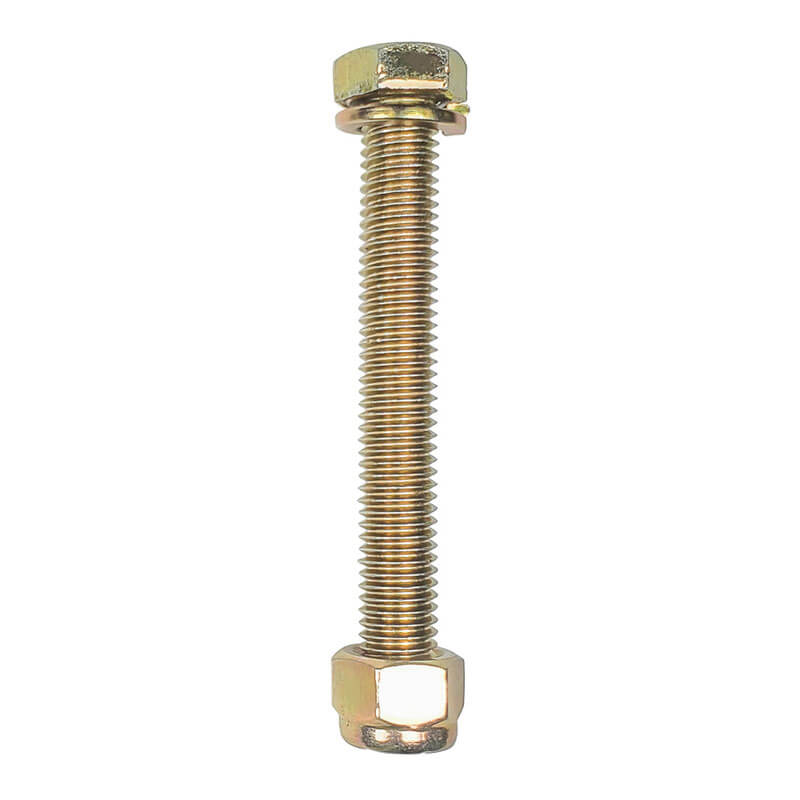 A brass-colored bolt with a nut on each end stands vertically against a white background, resembling the Frontline Fall Protection ALPH 5K Steel Swivel Anchor with Bolt STB5K used in horizontal lifeline systems for added safety.