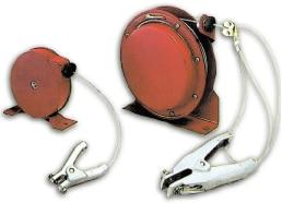 Two red circular Stewart R. Browne Retractable Static Grounding Reels with attached metallic clamps, ideal for aviation fueling. The smaller reel is on the left and the larger one is on the right, both featuring white cables and similar clamp designs, making them perfect for static grounding in petro-chemical distribution.