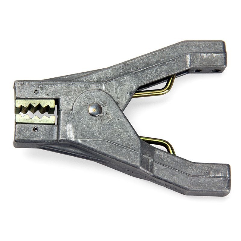 The Stewart R. Browne Aircraft Grounding Clamp ALS10A features a heavy-duty aluminum body, jagged gripping teeth, and a spring mechanism for secure connections—ideal as grounding pliers for safety-critical applications.