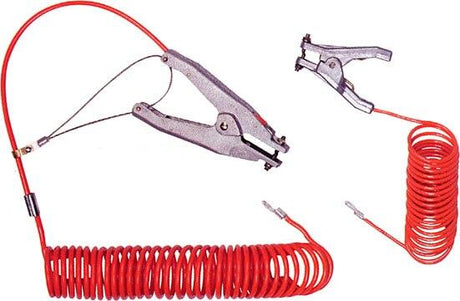 The Stewart R. Browne Retract-a-Clamp RAC is displayed as a coiled red electrical cable equipped with metal clamps, including the REB2960 clamp. It is typically used as jump leads for vehicles and features two heavy-duty clamps along with a smaller one. The retract-a-clamp design ensures secure and efficient battery connections.