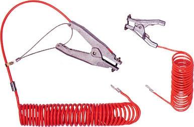 Image of a set of red, coiled jumper cables with metallic clamps. One end features large REB2960 alligator clips, while the other includes the Stewart R. Browne Retract-a-Clamp RAC design by Stewart R. Browne, showcasing a smaller coiled section and additional connectors.