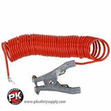 The Stewart R. Browne Retract-a-Clamp RAC, a coiled red static grounding cable, features a durable metal alligator clip on one end. With the PK Safety Supply logo and website in the bottom corner, this retract-a-clamp ensures both durability and reliability for optimal safety.