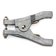 Detailed view of the Stewart R. Browne Ground Clamp, REB2960, showcasing its rugged industrial design. It includes a central pivot, stainless steel contacts, and a screw mechanism at the top with a golden handle. The gray clamp has a textured surface that highlights its durability.