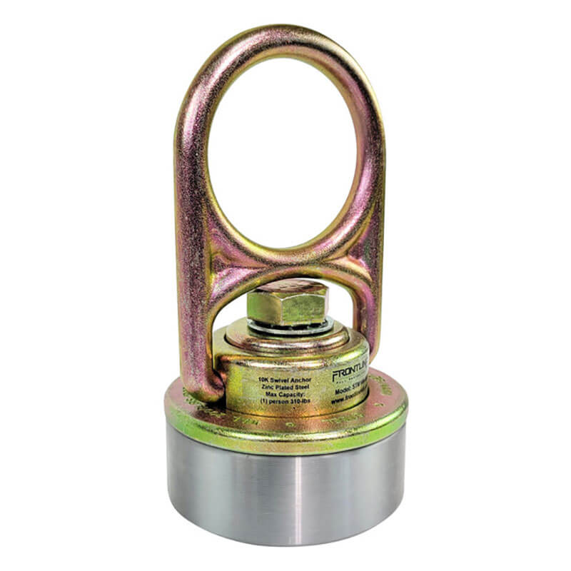 A round metal Frontline MEGA Swivel 10K Steel Anchor with a gold-colored eye bolt and weld-on puck by Frontline Fall Production, used for lifting or retrieving heavy objects, shown against a white background.
