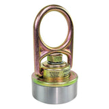 A round metal Frontline MEGA Swivel 10K Steel Anchor with a gold-colored eye bolt and weld-on puck by Frontline Fall Production, used for lifting or retrieving heavy objects, shown against a white background.