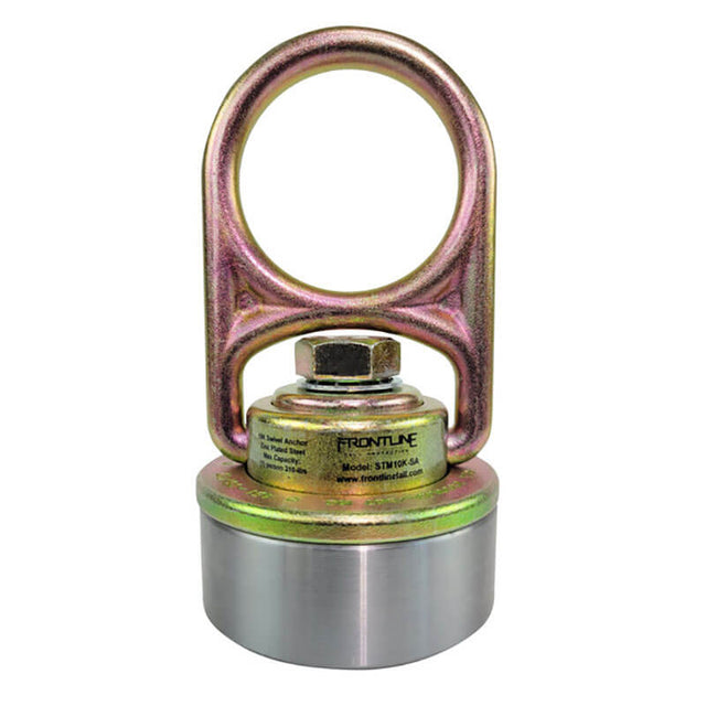 The Frontline MEGA Swivel 10K Steel Anchor with Weld-on Puck by Frontline Fall Production features a metallic finish, large circular lifting eye, and cylindrical base, offering 360° rotation for industrial lifting applications.