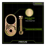 The Frontline MEGA Swivel 10k Steel Anchor STM5810K by Frontline Fall Production, with zinc-plated steel, bolt & nut, and 360° swivel ring design, is shown on a black grid background. Text highlights "Material: Zinc Plated Steel" and "Replacement Bolt: STM5810KRB.