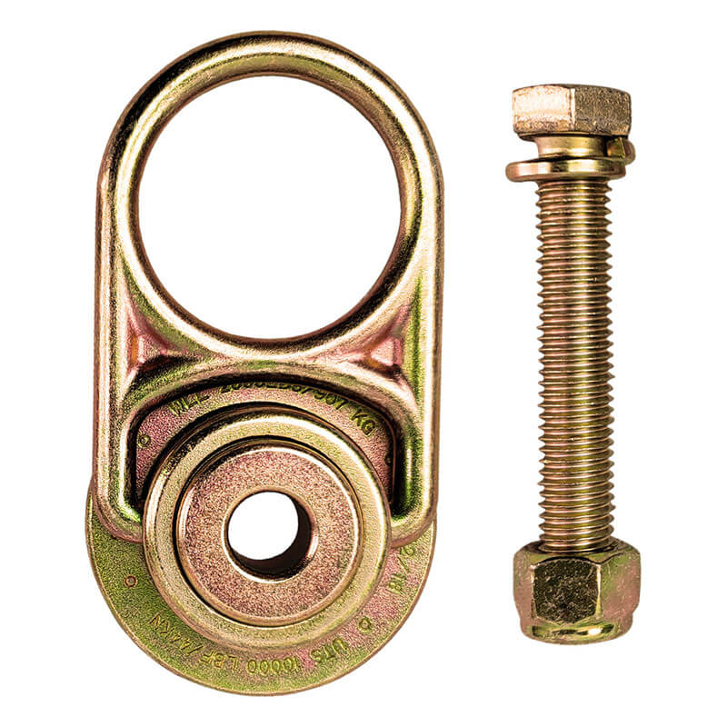 The Frontline MEGA Swivel 10k Steel Anchor STM5810K by Frontline Fall Production features a gold-toned eye nut with a large swivel ring and circular base beside a long threaded bolt, enabling 360° rotation for versatile industrial safety use.