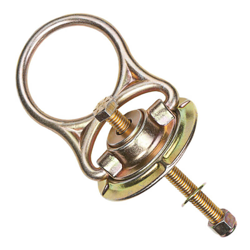 The Frontline MEGA Swivel 5k Steel Anchor STM585K by Frontline Fall Production is a steel anchor with a circular swivel D-ring, bolts, and nuts, featuring a shiny gold and silver finish for secure attachment.