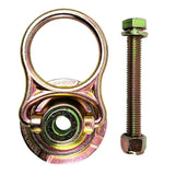 The Frontline MEGA Swivel 5k Steel Anchor STM585K by Frontline Fall Production features a gold-toned finish, sturdy steel construction, a circular ring with threaded hole, and comes with a long threaded bolt and nut.