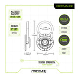 Diagram displaying dimensions and specs of the Frontline MEGA Swivel 5k Steel Anchor STM585K by Frontline Fall Protection: max user 310 lbs (1.3 kN), weight 1.2 lbs (544 g), tensile strength 5,000 lbs (22 kN), OSHA/ANSI compliant.