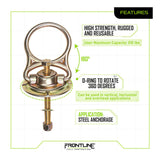The Frontline MEGA Swivel 5k Steel Anchor STM585K by Frontline Fall Protection is a high-strength, reusable steel swivel anchor with bolt, supports up to 310 lbs, rotates 360°, and suits various steel anchorage positions.