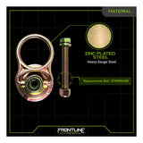 Frontline Fall Production MEGA Swivel 5k Steel Anchor STM585K shown on a grid, featuring a zinc plated steel anchor ring, replacement bolt with key lock design, material label, bolt part number STM585KRB, and branded labeling.
