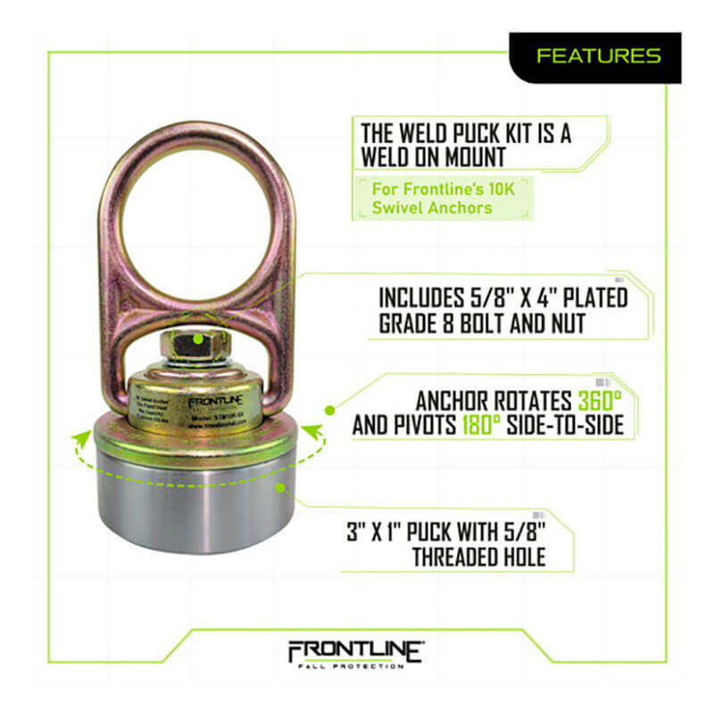 The Frontline MEGA Swivel 10K Steel Anchor with Weld-on Puck by Frontline Fall Production features a large top ring, 5/8" x 4" plated bolt and nut, a weld-on puck with 5/8" threaded hole, plus full 360° rotation and 180° pivot for safety.