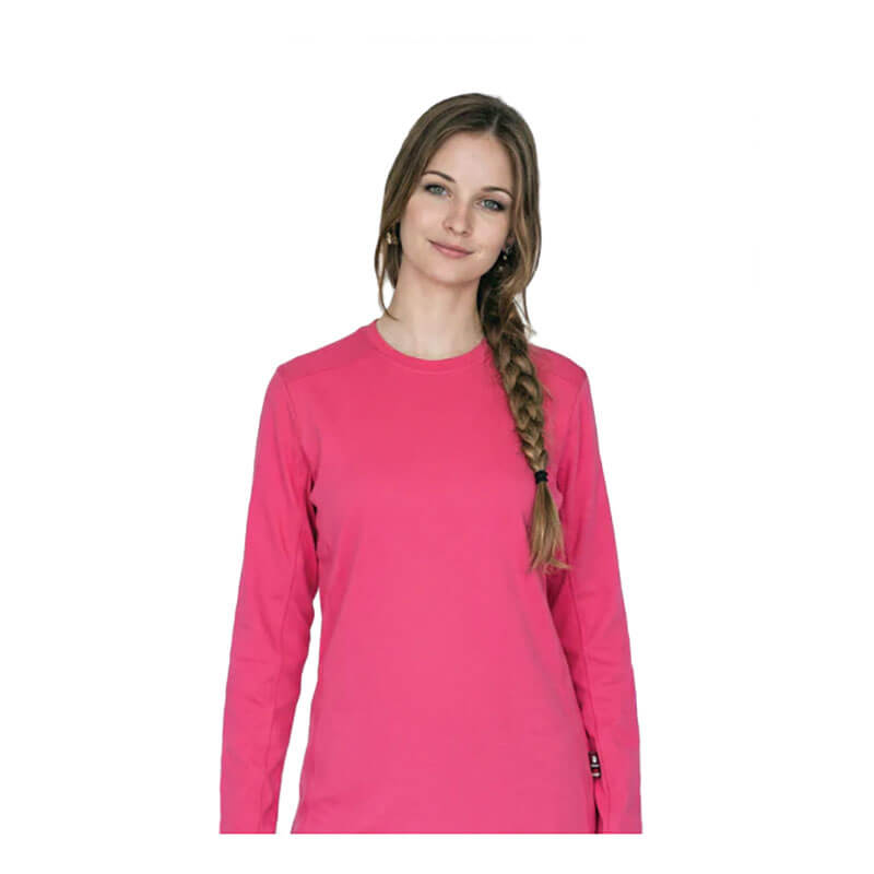 A woman with long brown hair in a side braid is wearing the ForgeFR Forge FR Ladies Crew Neck Tee (LFRCNT-001) and stands against a plain white background, smiling slightly at the camera.