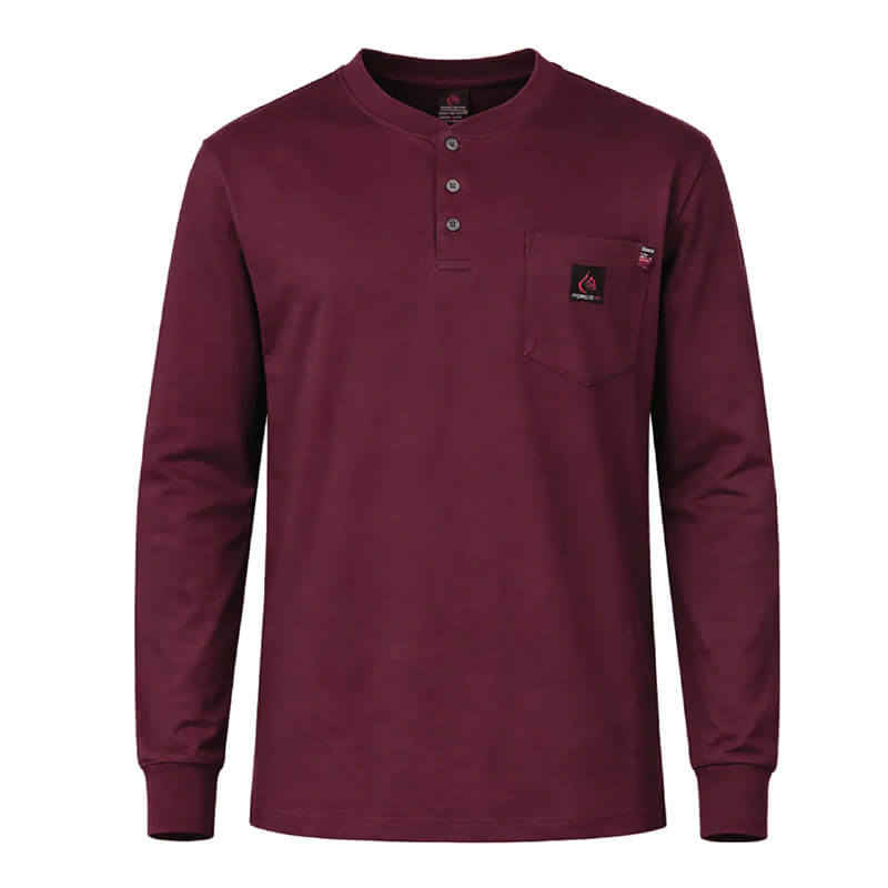 The ForgeFR Forge FR Henley MFRHNLY-004 is a maroon, long-sleeve, arc rated FR shirt with a three-button collar and chest pocket with branded patch—perfect for those needing simple, solid flame resistant clothing.