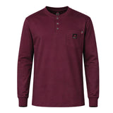 The ForgeFR Forge FR Henley MFRHNLY-004 is a maroon, long-sleeve, arc rated FR shirt with a three-button collar and chest pocket with branded patch—perfect for those needing simple, solid flame resistant clothing.