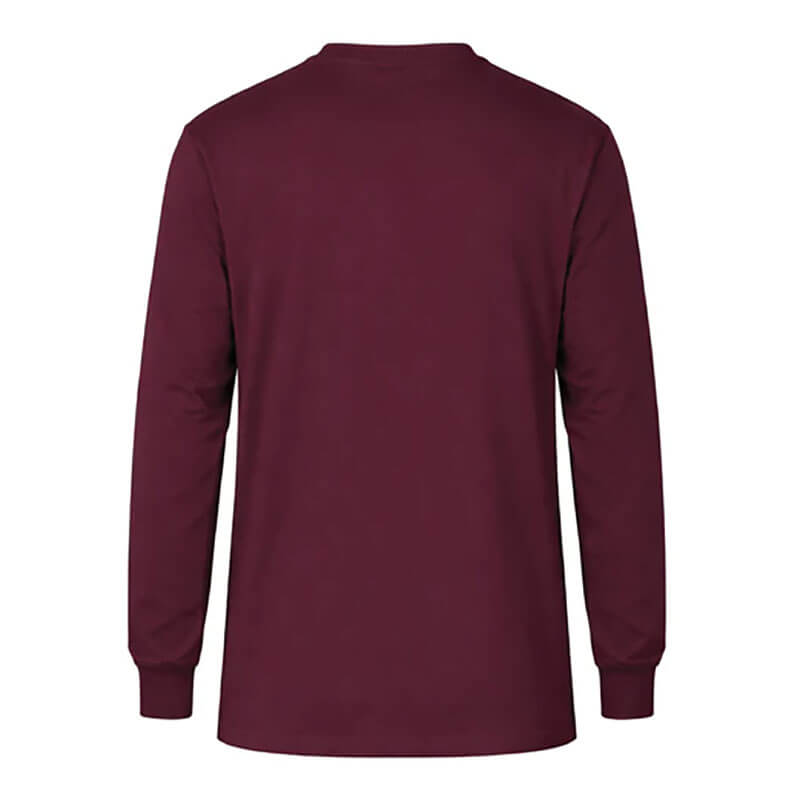 The ForgeFR Forge FR Henley MFRHNLY-004 is a plain maroon long-sleeve shirt with a crew neckline and ribbed cuffs, designed from NFPA 2112 compliant flame resistant fabric, shown from the back.