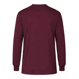 The ForgeFR Forge FR Henley MFRHNLY-004 is a plain maroon long-sleeve shirt with a crew neckline and ribbed cuffs, designed from NFPA 2112 compliant flame resistant fabric, shown from the back.