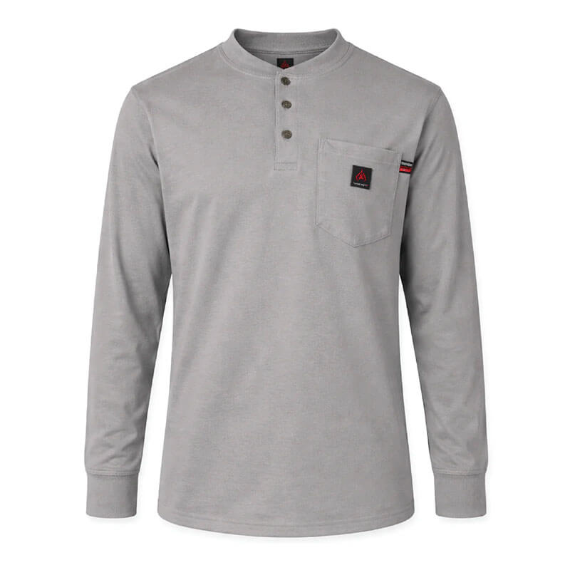 The ForgeFR Forge FR Henley MFRHNLY-004 is a light gray, flame resistant, long-sleeve henley with three collar buttons, ribbed cuffs, and a left chest pocket featuring a black and red logo patch—perfect for comfortable protection.
