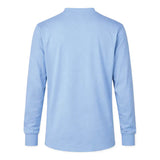 The ForgeFR Forge FR Henley MFRHNLY-004 is a comfortable, light blue, long-sleeve shirt with a crew neckline and ribbed cuffs, shown from the back—NFPA 2112 compliant flame resistant clothing.