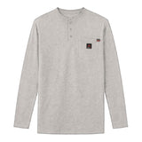 The ForgeFR Forge FR Henley MFRHNLY-004 is a light gray, flame-resistant long-sleeve shirt with a round neck, three-button placket, and chest pocket with black and red logo patch—perfect for comfort and safety on the job.