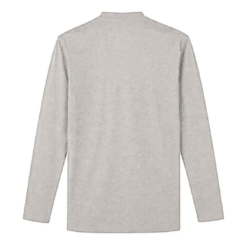 The ForgeFR Forge FR Henley MFRHNLY-004 is shown flat, back side up, featuring plain light gray flame resistant fabric and a crew neck—an ideal NFPA 2112-compliant work shirt for added safety.