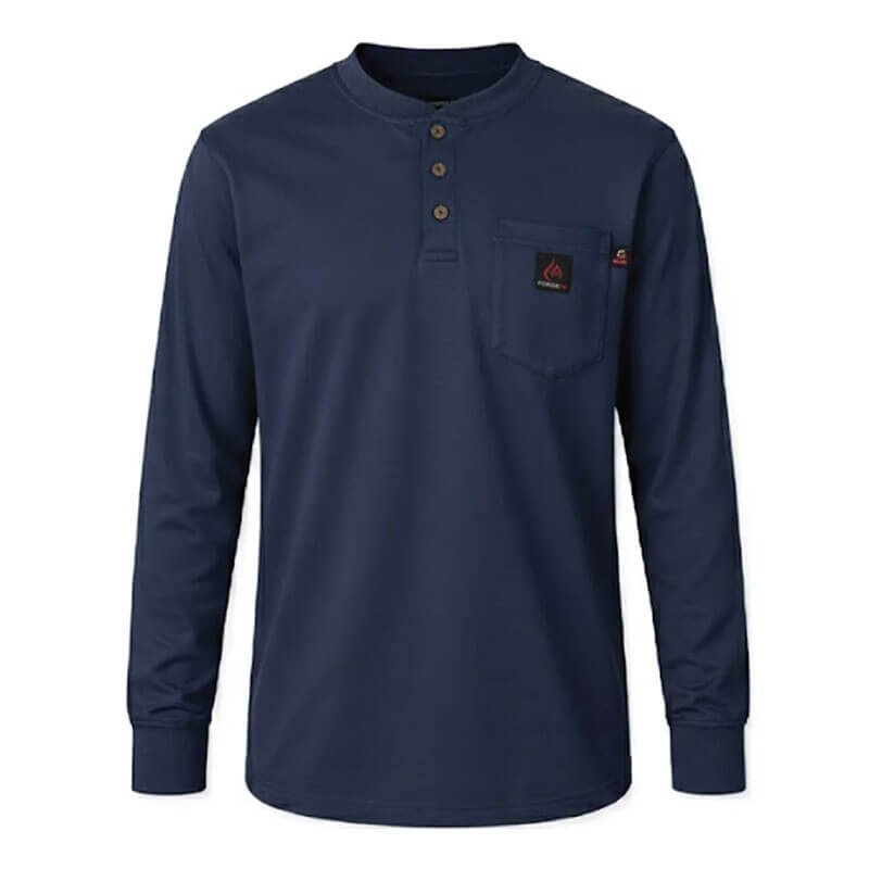 The ForgeFR Forge FR Henley MFRHNLY-004 is a navy blue, flame-resistant long-sleeve shirt with three collar buttons, a chest pocket with logo patch, ribbed cuffs, and straight hem for added protection and style.