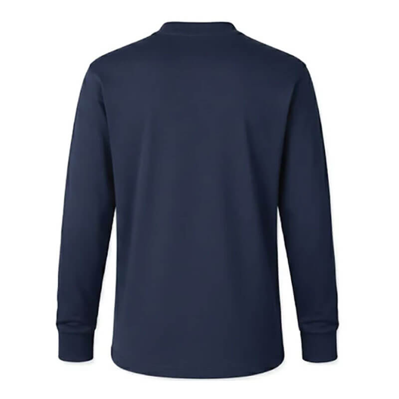 The ForgeFR Forge FR Henley MFRHNLY-004 is a plain, navy blue, long-sleeve shirt with a crew neck and ribbed cuffs, shown from the back on a white background. Made of flame-resistant fabric meeting NFPA 2112 standards.