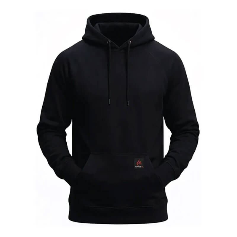 The ForgeFR Forge FR Pullover Hoodie MFRHDY0033 is a plain black, NFPA 2112-certified flame resistant hoodie with a front pocket, drawstrings, and a small red and white logo on the pocket, shown on a white background.