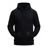 The ForgeFR Forge FR Pullover Hoodie MFRHDY0033 is a plain black, NFPA 2112-certified flame resistant hoodie with a front pocket, drawstrings, and a small red and white logo on the pocket, shown on a white background.