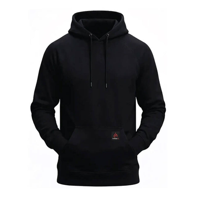 The ForgeFR Forge FR Pullover Hoodie MFRHDY0033 is a plain black, NFPA 2112-certified flame resistant hoodie with a front pocket, drawstrings, and a small red and white logo on the pocket, shown on a white background.