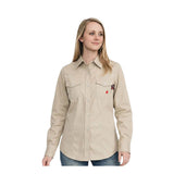 A woman with long blonde hair smiles in a beige ForgeFR Forge FR Ladies Solid Snap Shirt LFRSLD and blue jeans, facing slightly to the side against a white background—stylish, practical women’s workwear.