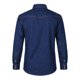 The ForgeFR Forge FR Solid Shirt Denim MFRSLD-002 displays a rear view with its long sleeves, navy blue hue, buttoned cuffs, and a curved hem. Designed with a yoke across the shoulders, this shirt is perfect for those looking for durable flame-resistant workwear.