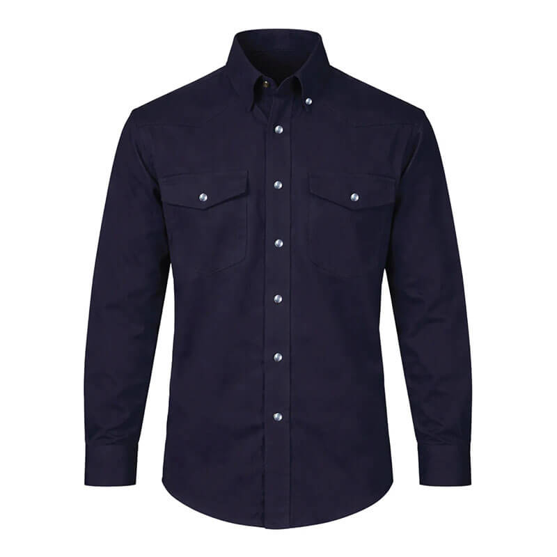 The ForgeFR Forge FR Solid Shirt MFRSLD-002 is a dark navy, flame-resistant, long-sleeve work shirt with a collar, two flap chest pockets with button closures, and silver front buttons. NFPA 2112 compliant.