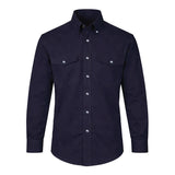 The ForgeFR Forge FR Solid Shirt MFRSLD-002 is a dark navy, flame-resistant, long-sleeve work shirt with a collar, two flap chest pockets with button closures, and silver front buttons. NFPA 2112 compliant.
