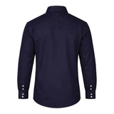 The ForgeFR Forge FR Solid Shirt MFRSLD-002 is a navy blue, long-sleeve, flame-resistant shirt with a classic collar and buttoned cuffs. Plain and NFPA 2112 certified, it’s ideal professional FR workwear. Shown from the back.