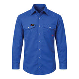 The ForgeFR Forge FR Solid Shirt MFRSLD-002 is a blue, long-sleeved, button-up flame-resistant shirt with two chest pockets, buttoned flaps, black and red logo patches, and is NFPA 2112 compliant for reliable FR workwear.