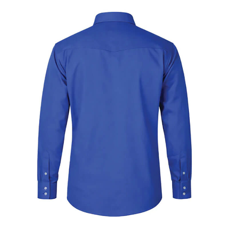 The ForgeFR Forge FR Solid Shirt MFRSLD-002 is a royal blue, long-sleeve FR shirt with button cuffs, a classic collar, and no visible patterns—perfect flame-resistant gear for safety-focused workplaces.