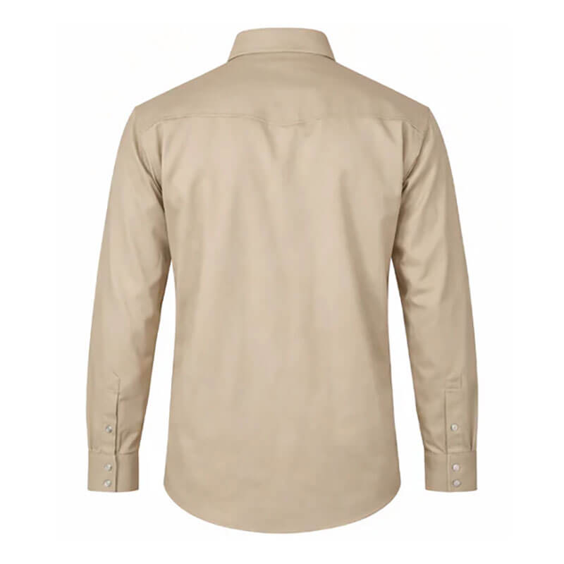 Back view of the ForgeFR Forge FR Solid Shirt MFRSLD-002 in beige, featuring a collar and buttoned cuffs, shown on a white background. This FR workwear offers safety and style for tough job sites.