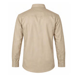 Back view of the ForgeFR Forge FR Solid Shirt MFRSLD-002 in beige, featuring a collar and buttoned cuffs, shown on a white background. This FR workwear offers safety and style for tough job sites.