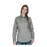 A woman with long braided hair is wearing the ForgeFR Forge FR Ladies Solid Snap Shirt LFRSLD in light gray and blue jeans, standing against a plain white background.