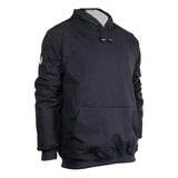 Displayed against a white background, the NSA TECGEN FR Lined Pullover Hoodie in navy features a front pocket, drawstring hood, and ribbed cuffs and hem. This flame-resistant pullover hoodie is rated at 39 cal/cm² for ultimate protection.