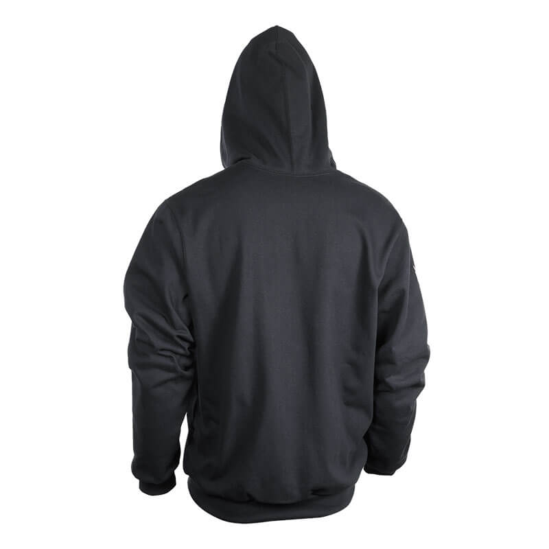 A person is seen from the back against a white background, wearing a NSA DRIFIRE FR Lined Pullover Hoodie (SWSI22G) in plain black, with the hood up and long sleeves.