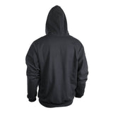 A person is seen from the back against a white background, wearing a NSA DRIFIRE FR Lined Pullover Hoodie (SWSI22G) in plain black, with the hood up and long sleeves.